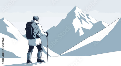 Adventurer Observing Majestic Mountains, Capturing the Essence of Expedition and Exploration