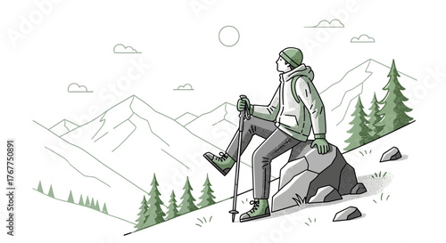 Adventurer Observing Majestic Mountains and Enjoying Serene Moment of Contemplation in Nature