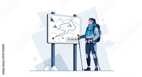 Adventurer Observing Map, Indicating Location, Prepared for Mountainous Exploration Scene