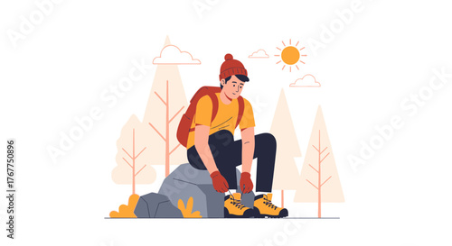 Adventurer Prepares For The Journey Of Trekking In Nature With A Backpack