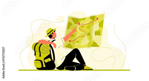 Adventurer Planning Exploration Route Using Map and Backpack for Expedition Journey