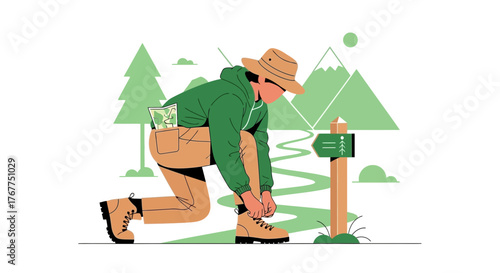 Adventurer Prepares For The Journey, Tying Boots And Ready To Reach The Summit