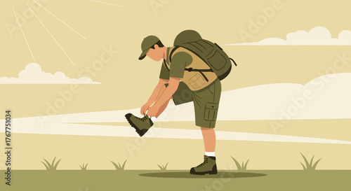 Adventurer Prepares For The Journey, Tying Boots And Readying Backpack For Exploration