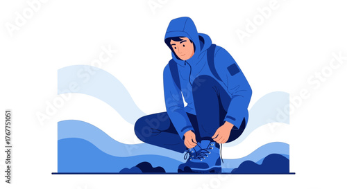 Adventurer Prepares For The Journey, Tying Boots Before The Exploration Adventure Begins