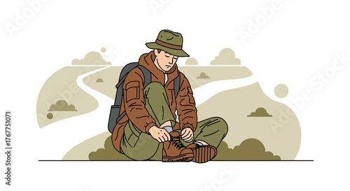 Adventurer Prepares For The Journey, Tying Boots On A Mountain Trail Before Setting Off