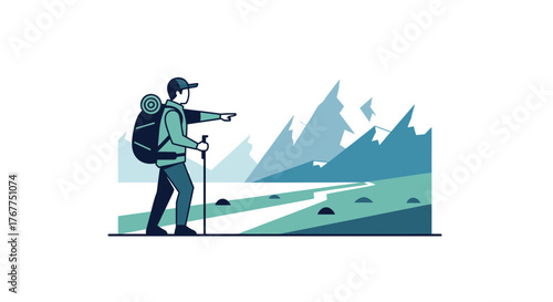 Adventurer Pointing Towards Mountains And Landscape With Hiking Gears In Minimalist Style