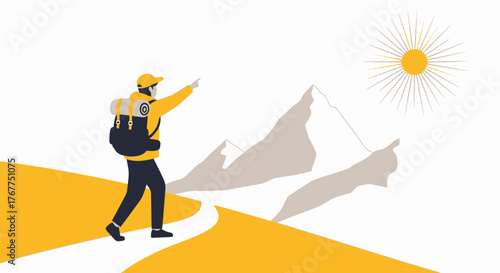 Adventurer Pointing Towards Mountainside, Symbolizing Exploration and Outdoor Activity Today