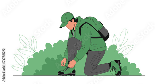 Adventurer Prepares For The Trek, Kneeling To Secure His Hiking Boots, Nature Focused