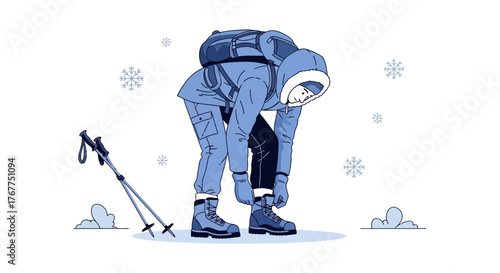 Adventurer Prepares Boot Laces Before Starting Journey Into The Winter Wilderness