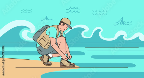 Adventurer Prepares For The Beach Journey By Tying Their Boots Beside The Ocean