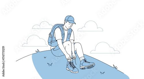 Adventurer Prepares For Trek, Tying Boots While Enjoying The Serene Mountain View