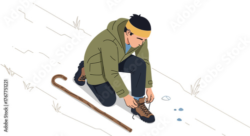 Adventurer Prepares For Trek, Tying Boots In Snow Covered Terrain During Winter