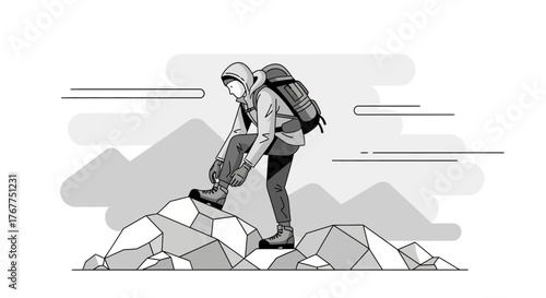 Adventurer Prepares For The Climb On Rocky Terrain, Monochrome Illustration