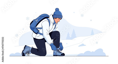 Adventurer Prepares For Winter Hike, Kneeling to Tie Sporty Boots In The Snowy Mountains