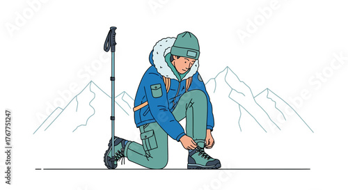 Adventurer Prepares For The Climb Tying Their Boots Surrounded By Majestic Mountain Peaks