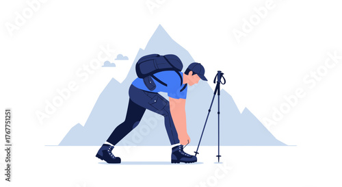 Adventurer Prepares For The Climb Tying Boot, With Mountain And Hiking Poles, Ready To Go