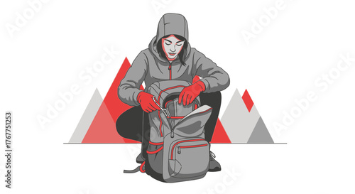 Adventurer Prepares Gear For Mountain Climbing Adventure Ready At The Base Of The Peaks