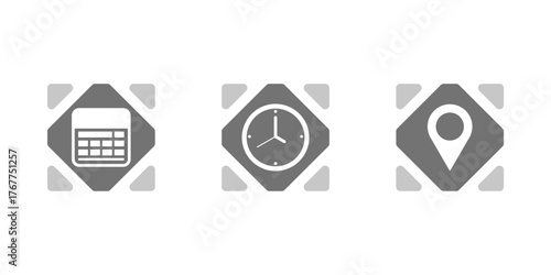 Calendar Clock and Location Icon Set Minimal UI Schedule Time and Map Marker Design