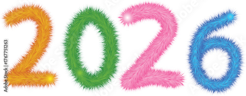 Fluffy 2026 New Year Text Design - Vibrant Tinsel Style