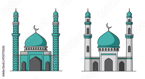 Detailed illustration of two turquoise and grey islamic mosque buildings