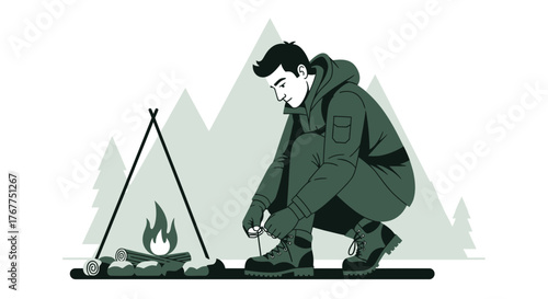 Adventurer Prepares His Footwear Beside a Campfire Under a Mountainous Landscape