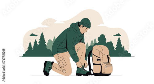 Adventurer Prepares For The Journey Amidst Serene Forest Scenery And Nature Adventure