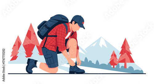 Adventurer Prepares For The Journey Among Geometric Mountains And Evergreen Trees