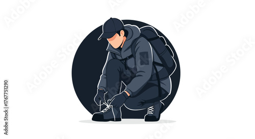 Adventurer Prepares, Fastening Boots, Ready For Expedition, Backpack, Focused, Illustration