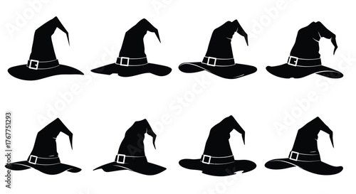 A collection of simple black silhouette witch hats arranged in rows