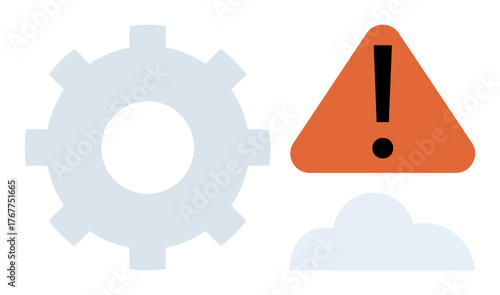 Red alert triangle with exclamation, gray gear, and cloud icon. Ideal for technology, system error, cybersecurity, maintenance, risk management, troubleshooting simple flat metaphor