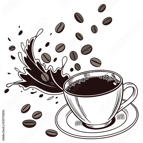 Artistic coffee cup with splashing liquid and falling beans vector illustration scalable eps
