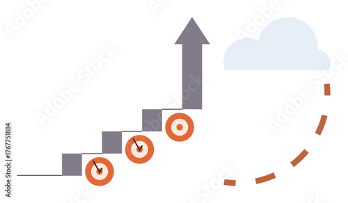 Gray staircase with orange target steps, an upward arrow, and a dotted curve toward a cloud. Ideal for progress, goal-setting, strategy, success, achievement, ambition simple flat metaphor