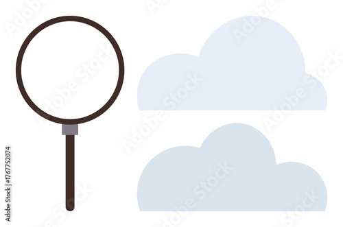 Magnifying glass examining two light blue clouds, emphasizing search, analysis, transparency, discovery, cloud computing, ideas, and solutions. Ideal for data technology innovation exploration
