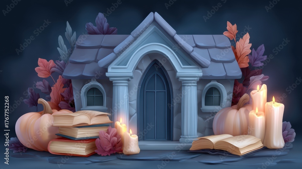 Fototapeta premium Enchanted Cottage Surrounded by Books, Candles, and Autumn Leaves