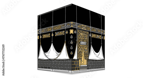 Detailed illustration of the Kaaba, a cube-shaped building in Mecca, Saudi Arabia, adorned with black and gold fabric.