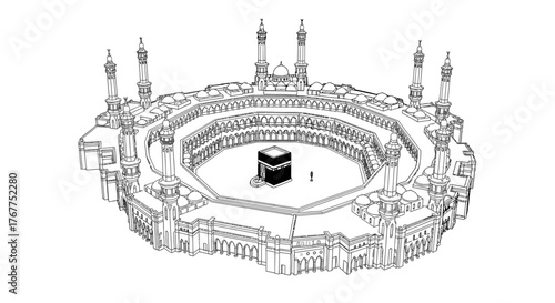 A detailed black and white architectural line drawing of the Great Mosque of Mecca, featuring the Kaaba at its center.