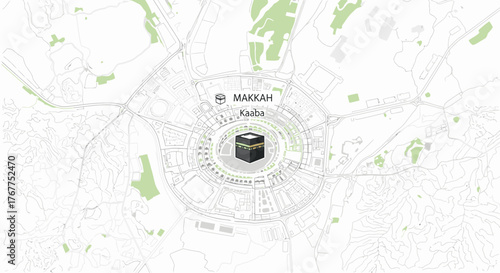 A stylized map of Mecca, Saudi Arabia, highlighting the Kaaba at the center of the Grand Mosque.