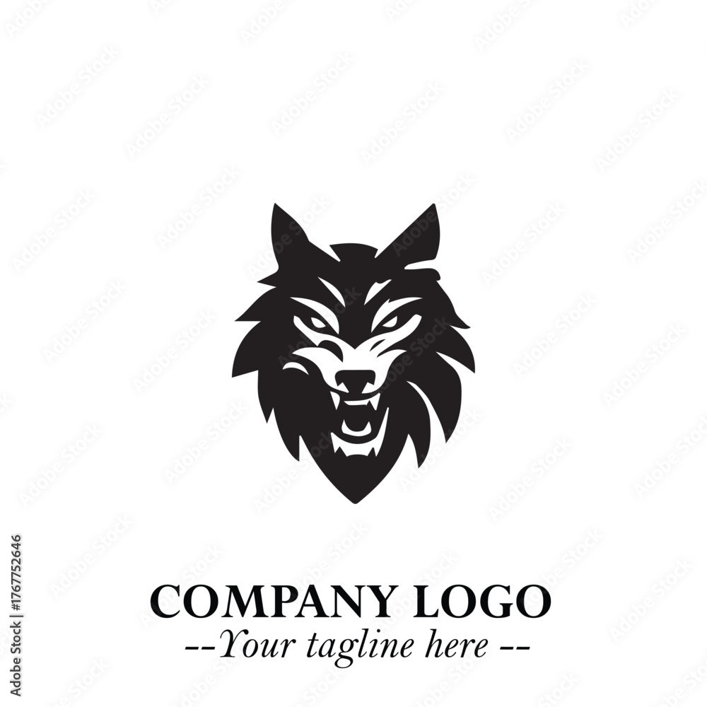 Fototapeta premium Fierce Head of Wolf Logo Symbol in Black on White Background with Bold Minimalist Modern Design