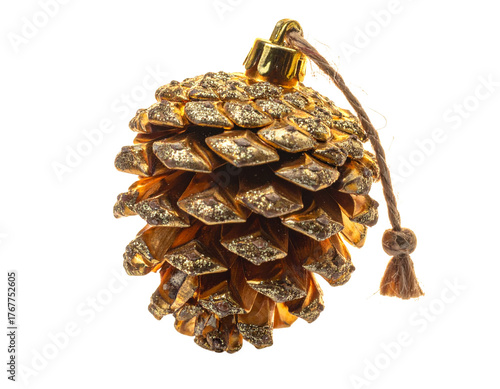  Vintage Gold Pinecone Decor with Glitter Finish and Twine Loop, Side Angle Perspective, Isolated PNG,And transparent the background.