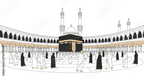 An illustrative line drawing of the Kaaba in Mecca with pilgrims performing Tawaf around the sacred mosque.