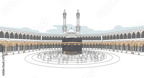 Illustration of the Kaaba in Mecca, surrounded by a courtyard and minarets, with people.