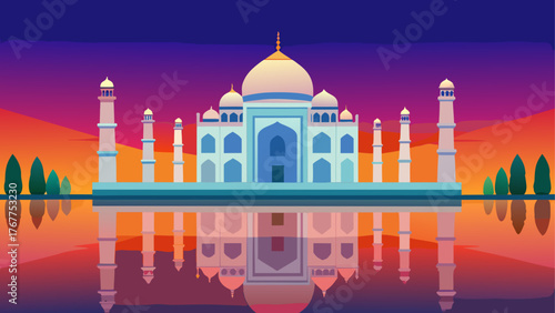 Stylized taj mahal at sunset reflected in water