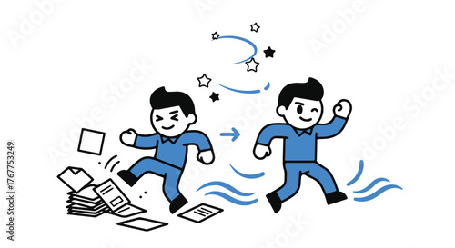 A fun vector illustration of a professional businessman and woman character running on the ground in a sketch art style featuring a boy and people in a sport business symbol drawing