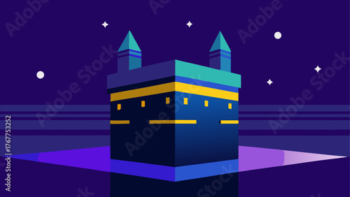 Stylized kaaba illustration under a starry night sky
