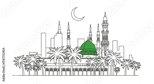 A minimalist line drawing of the Prophet's Mosque in Medina, Saudi Arabia, featuring palm trees and a crescent moon.