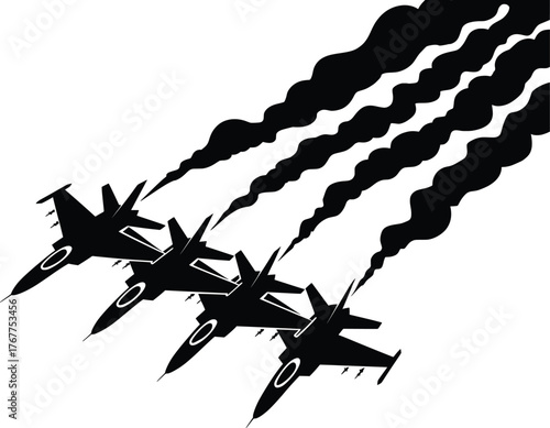 Jet Fighter Silhouette Formation Clipart, Military Aircraft Vector Design.