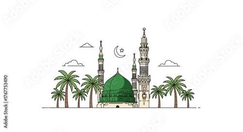 Illustration of the Prophet's Mosque in Medina with palm trees and a crescent moon.