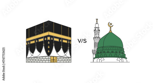 A vector illustration comparing the Kaaba in Mecca versus the Green Dome of the Prophet's Mosque in Medina.