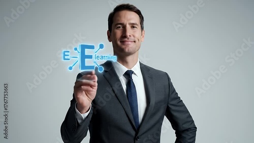 Professional Businessman in Dark Gray Suit Explaining E-Learning Concepts Against Gray Background with Digital Graphics and Direct Eye Contact in Bright Studio Lighting