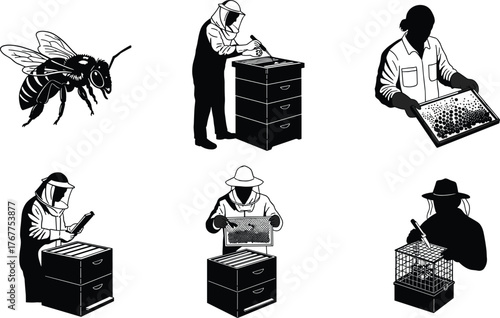 Beekeeping silhouettes with honeybees and beekeepers inspecting hives, collecting honeycombs, and managing apiaries in protective suits